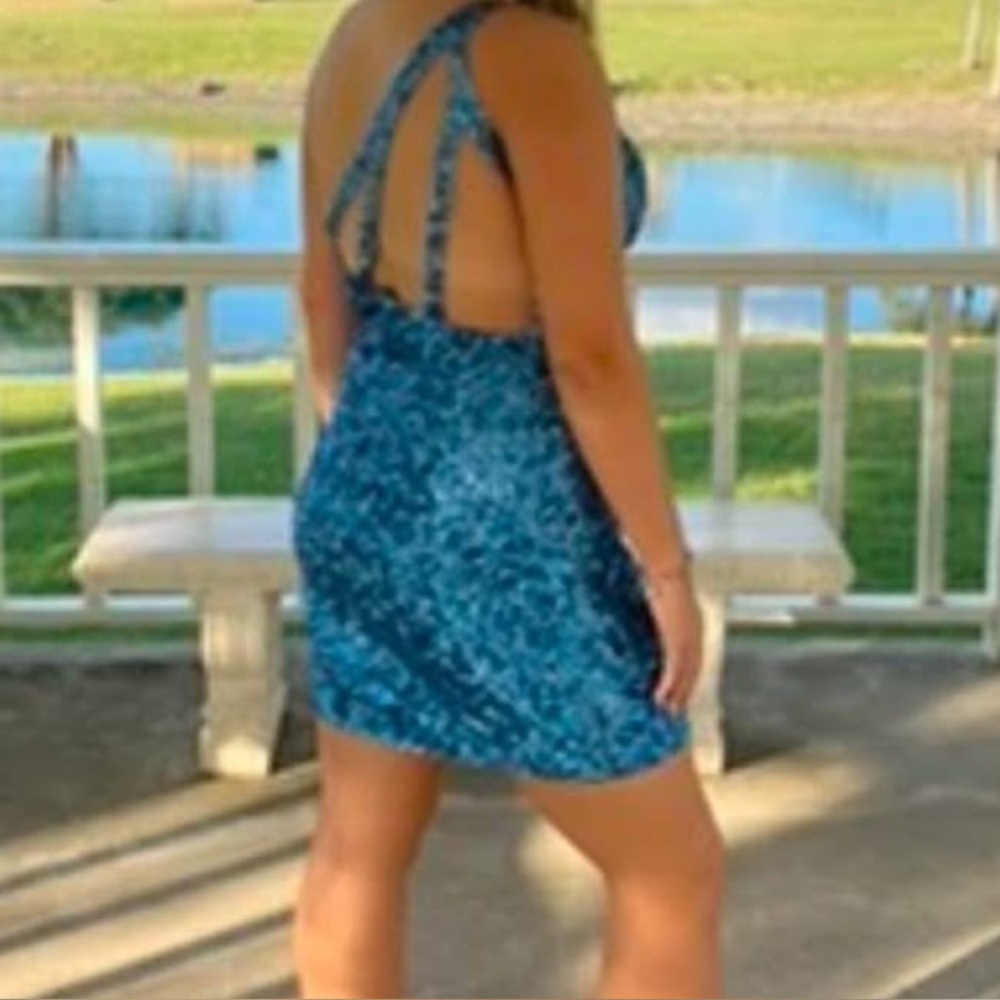 Sherri Hill Homecoming Blue One Shoulder Sequin Dress Size 14